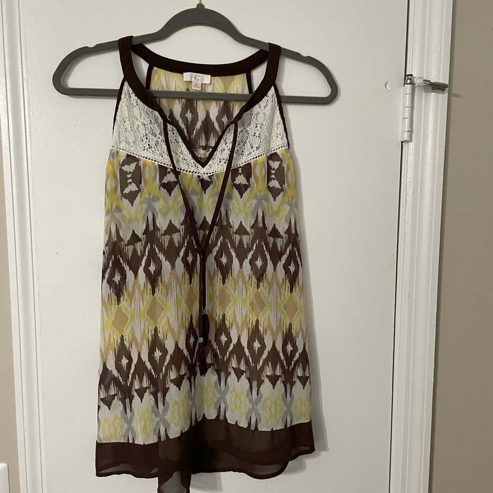 C Brown and Yellow Patterned Women's Top Size Medium